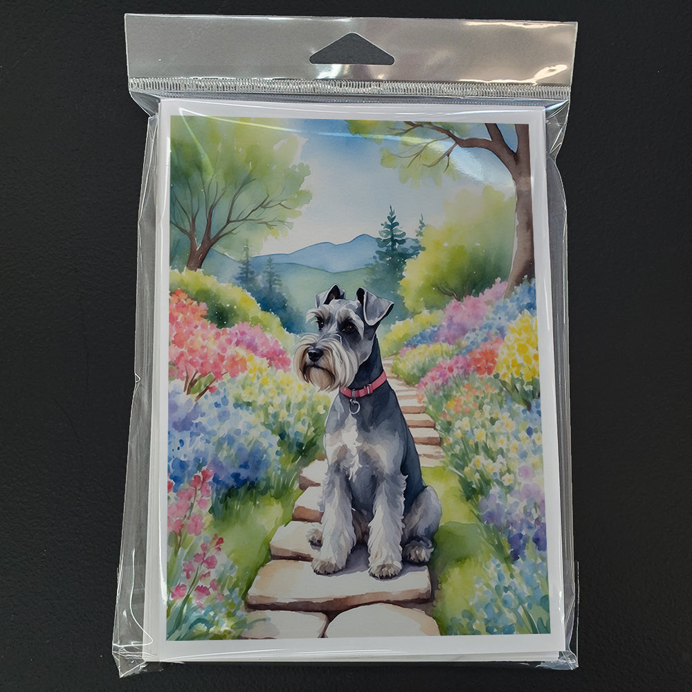 Schnauzer Spring Path Greeting Cards Pack of 8 Blank Cards with Envelopes Whimsical A7 Size 5x7