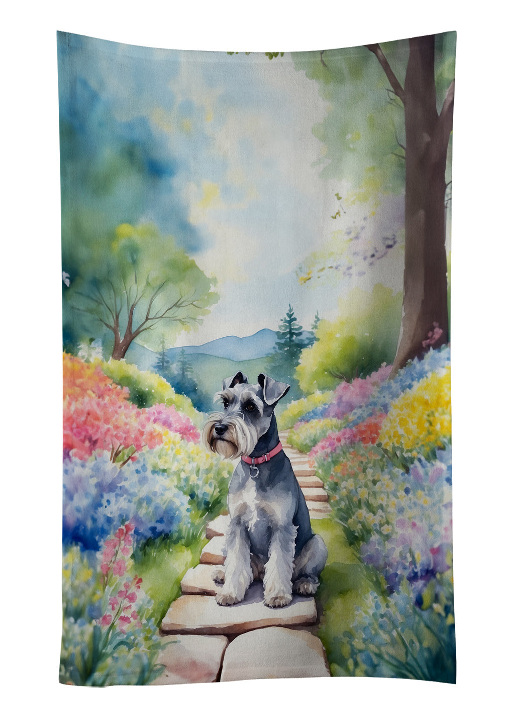 Schnauzer Spring Path Kitchen Towel Velour Plush Front and Cotton Loop Back Machine Washable