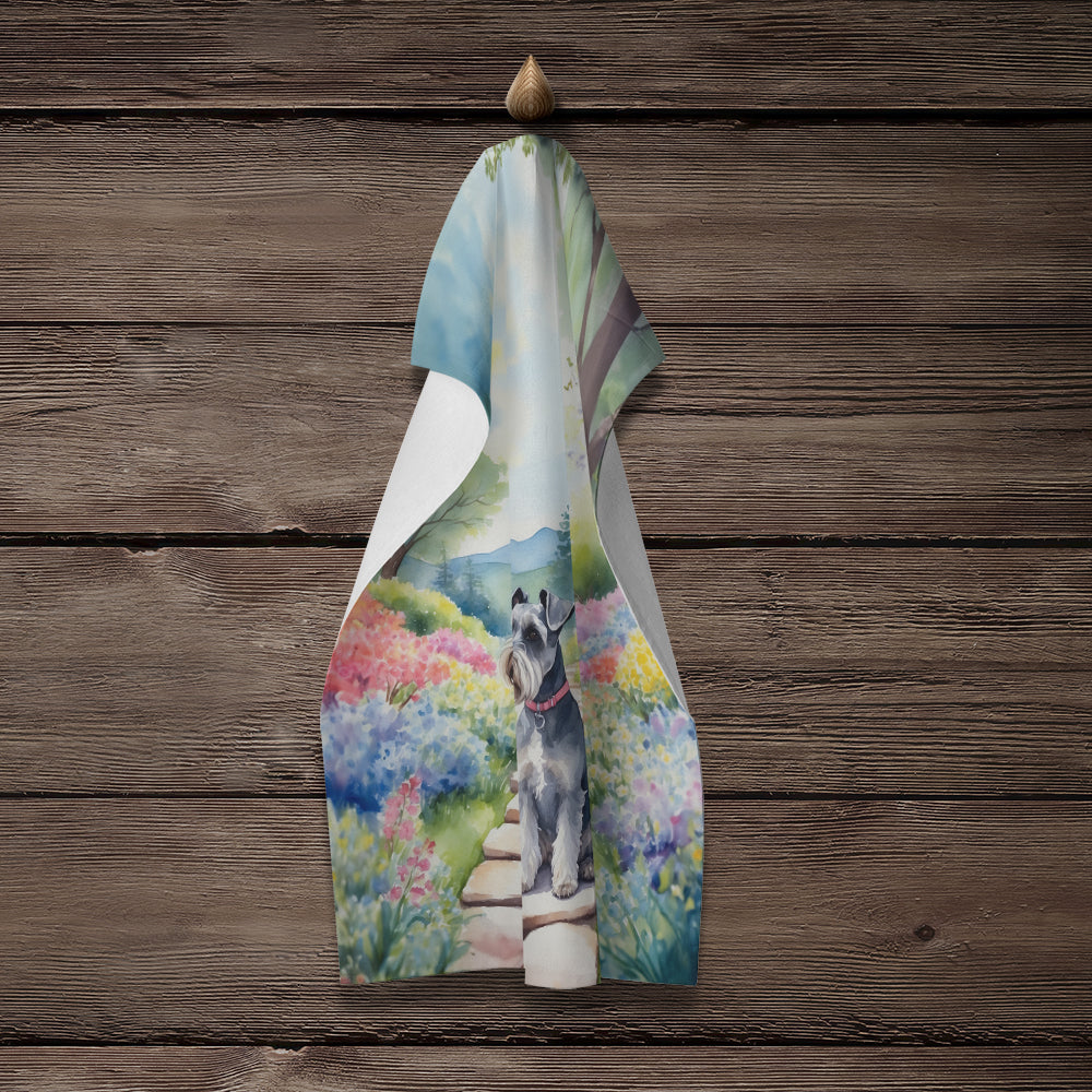 Schnauzer Spring Path Kitchen Towel Velour Plush Front and Cotton Loop Back Machine Washable
