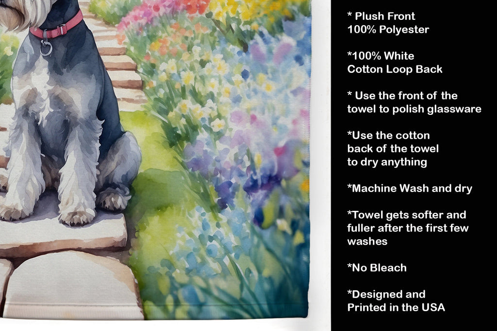 Schnauzer Spring Path Kitchen Towel Velour Plush Front and Cotton Loop Back Machine Washable