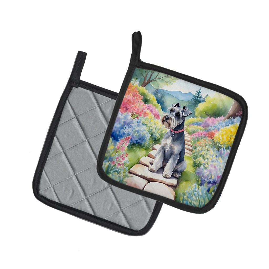 Schnauzer Spring Path Pot Holder Set of 2 Heat Resistant Quilted Hot Pads 7.5 x 7.5 Inch, Insulated Kitchen Trivets for Cooking & Baking