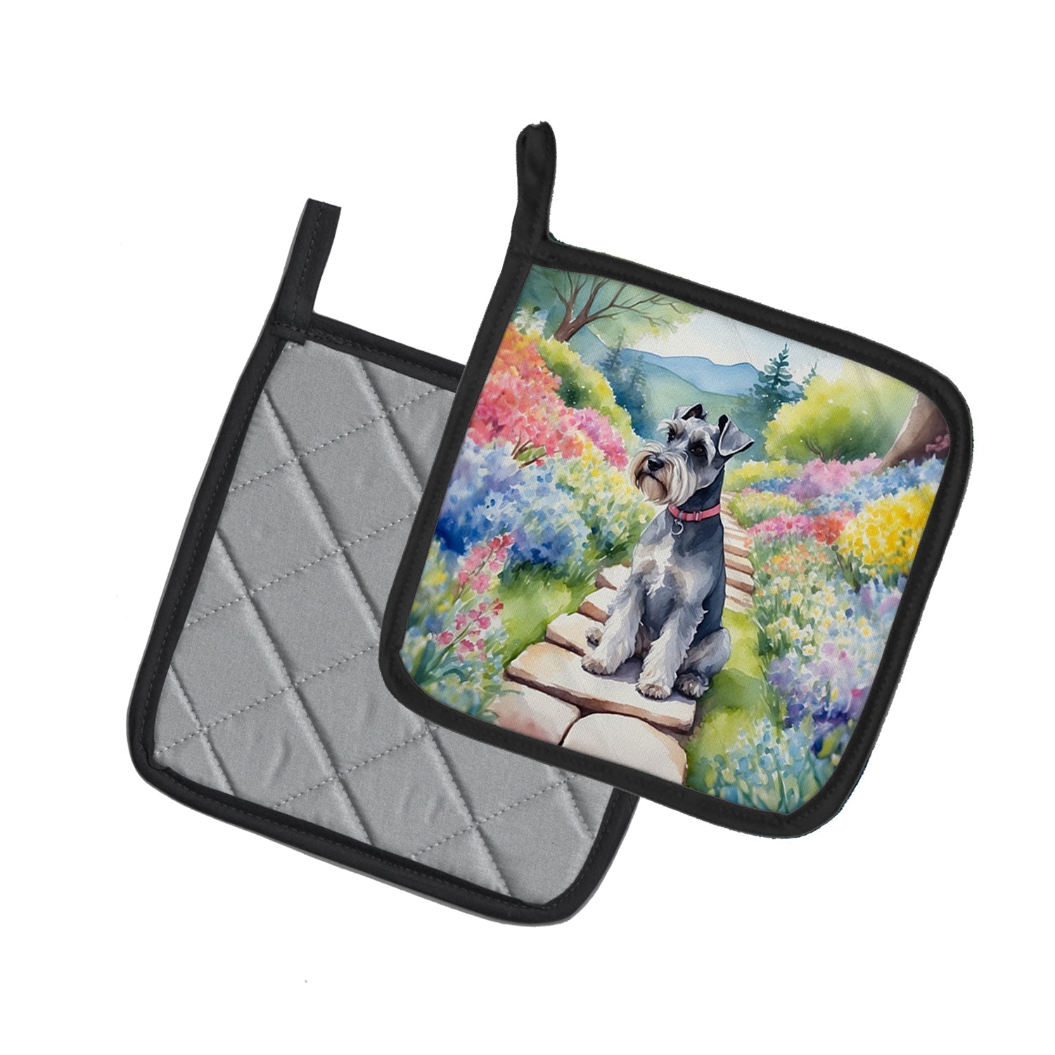 Schnauzer Spring Path Pot Holder Set of 2 Heat Resistant Quilted Hot Pads 7.5 x 7.5 Inch, Insulated Kitchen Trivets for Cooking & Baking