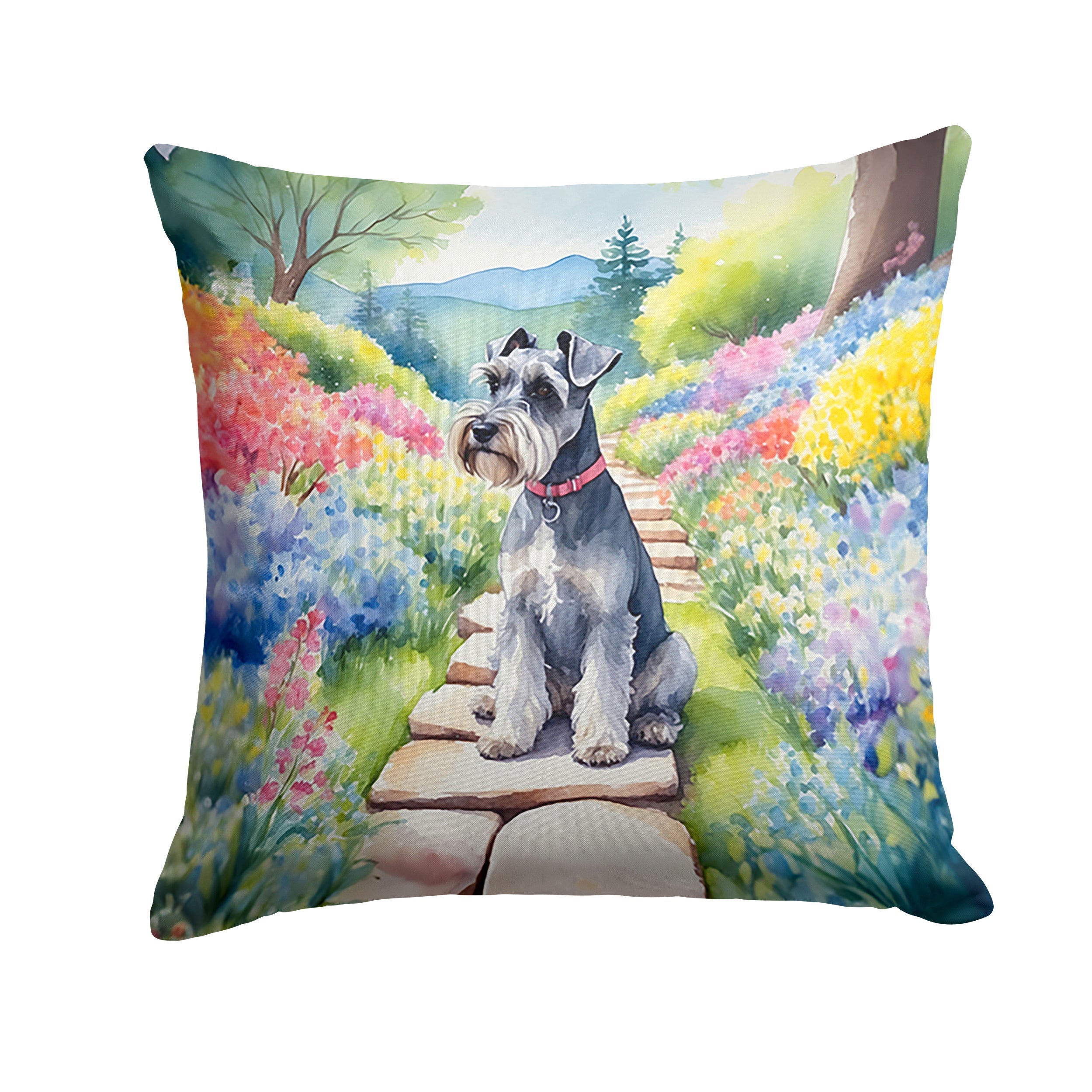 Schnauzer Spring Path Decorative Throw Pillow 18x18 Indoor Outdoor Accent Cushion, Fabric Cover with Insert for Sofa, Bed, Porch & Living Room