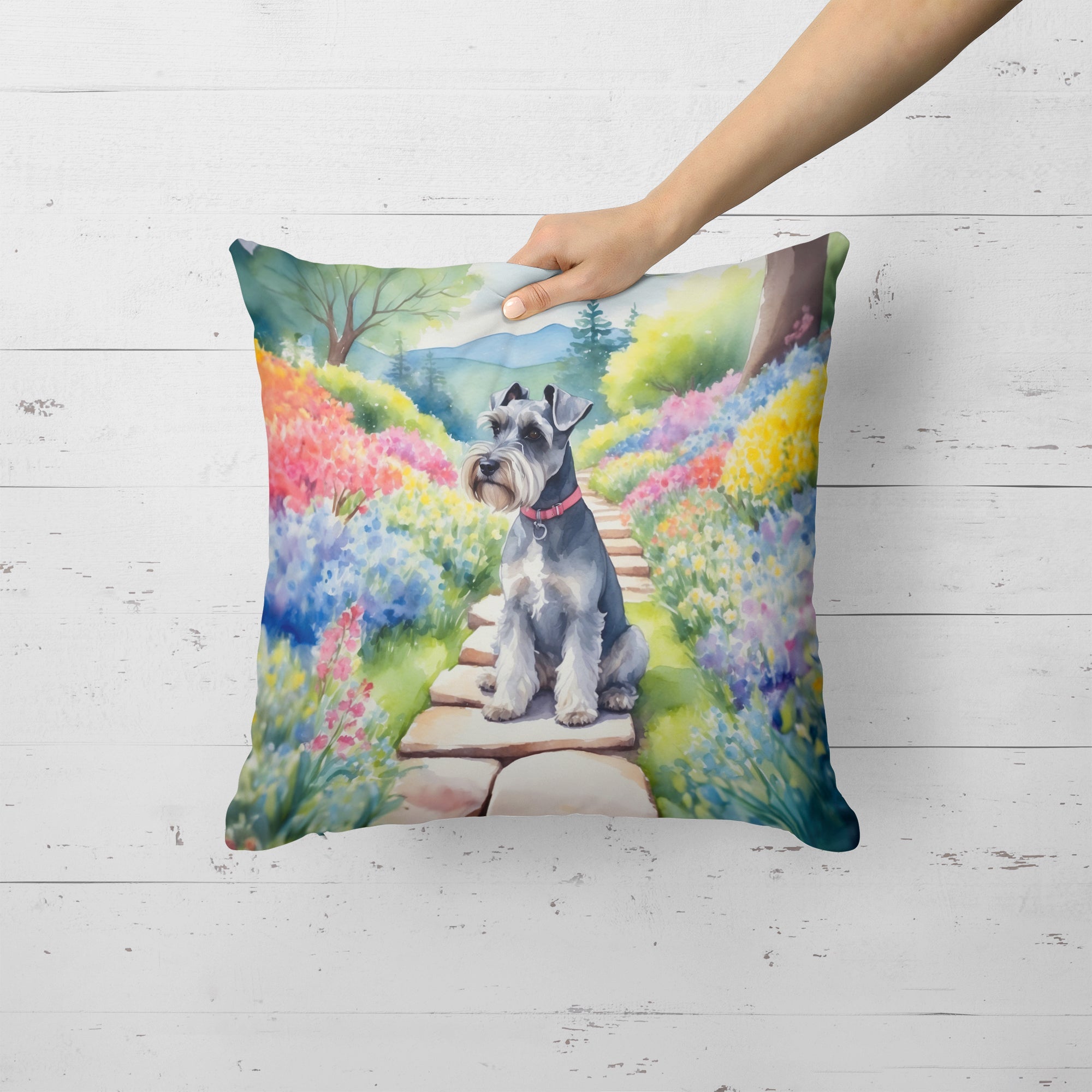 Schnauzer Spring Path Decorative Throw Pillow 18x18 Indoor Outdoor Accent Cushion, Fabric Cover with Insert for Sofa, Bed, Porch & Living Room