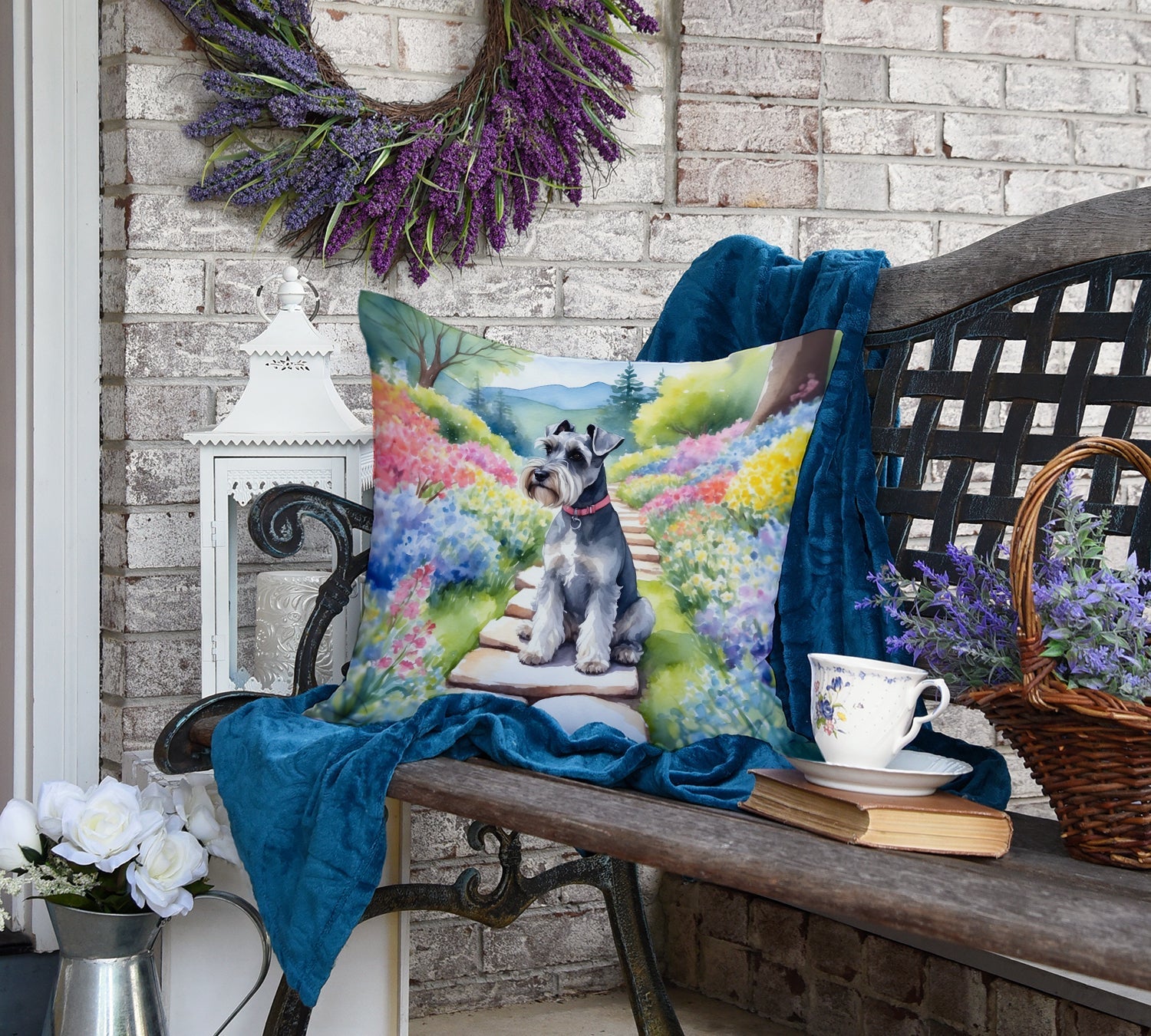 Schnauzer Spring Path Decorative Throw Pillow 18x18 Indoor Outdoor Accent Cushion, Fabric Cover with Insert for Sofa, Bed, Porch & Living Room