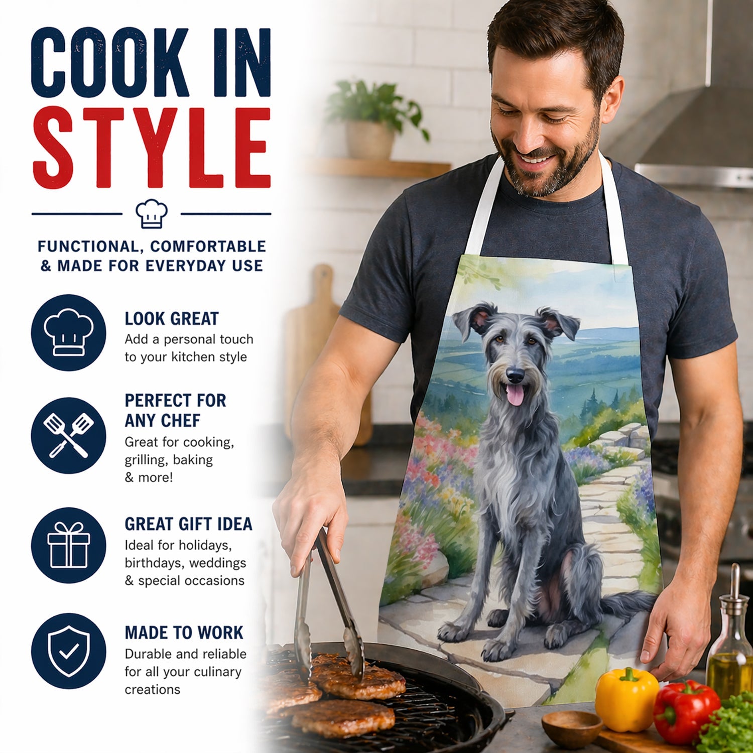 Scottish Deerhound Spring Path Apron Cooking Kitchen Server Baking Crafts Gardening for Adult Women Men, Unisex, Large, Multicolor