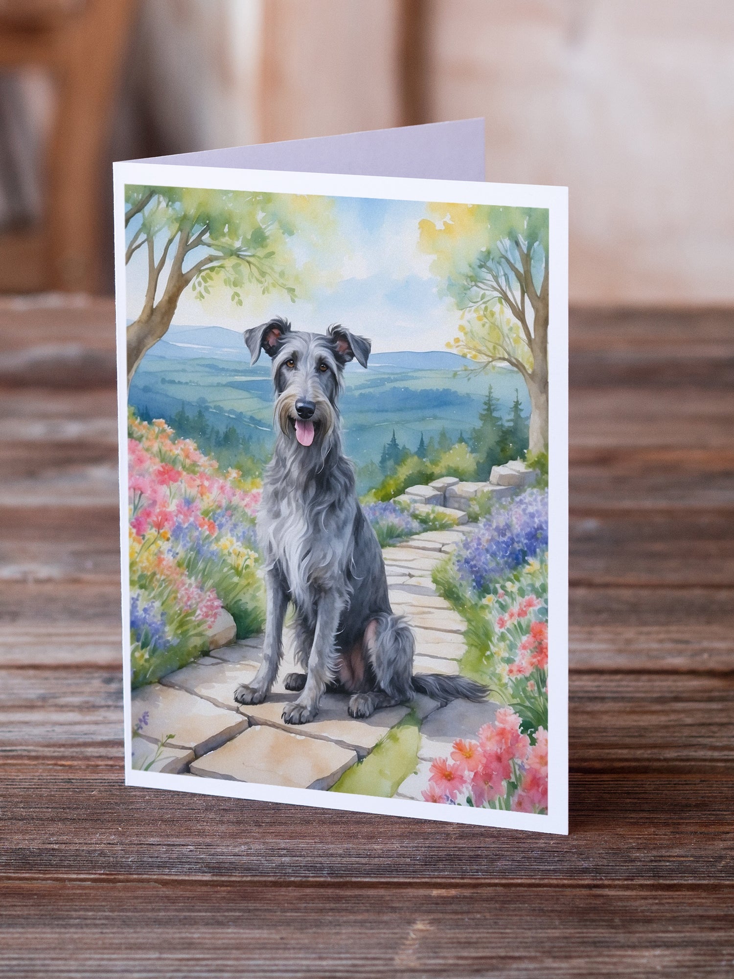 Scottish Deerhound Spring Path Greeting Cards Pack of 8 Blank Cards with Envelopes Whimsical A7 Size 5x7