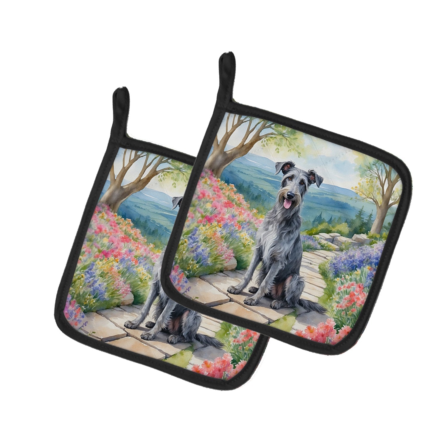 Scottish Deerhound Spring Path Pot Holder Set of 2 Heat Resistant Quilted Hot Pads 7.5 x 7.5 Inch, Insulated Kitchen Trivets for Cooking & Baking