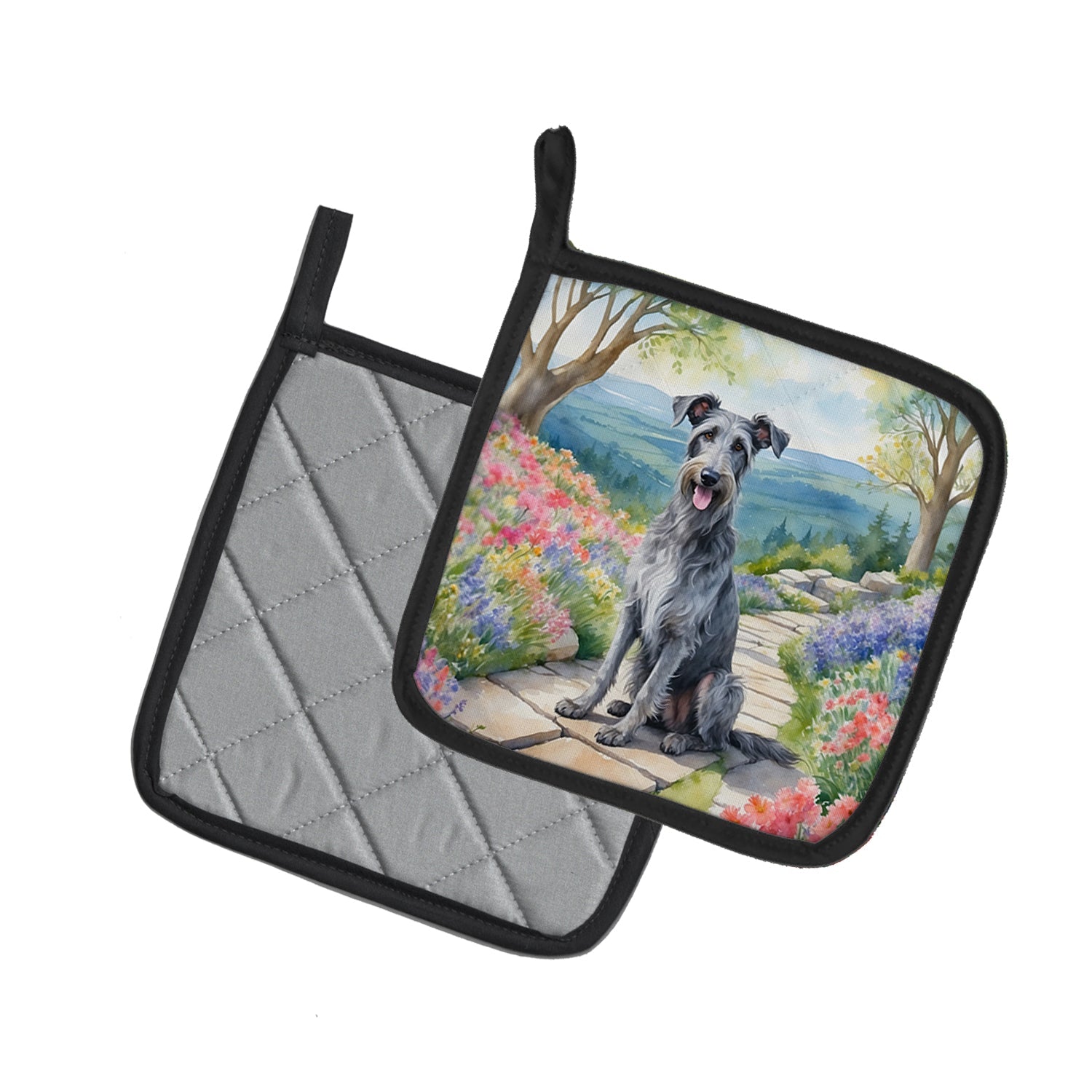 Scottish Deerhound Spring Path Pot Holder Set of 2 Heat Resistant Quilted Hot Pads 7.5 x 7.5 Inch, Insulated Kitchen Trivets for Cooking & Baking