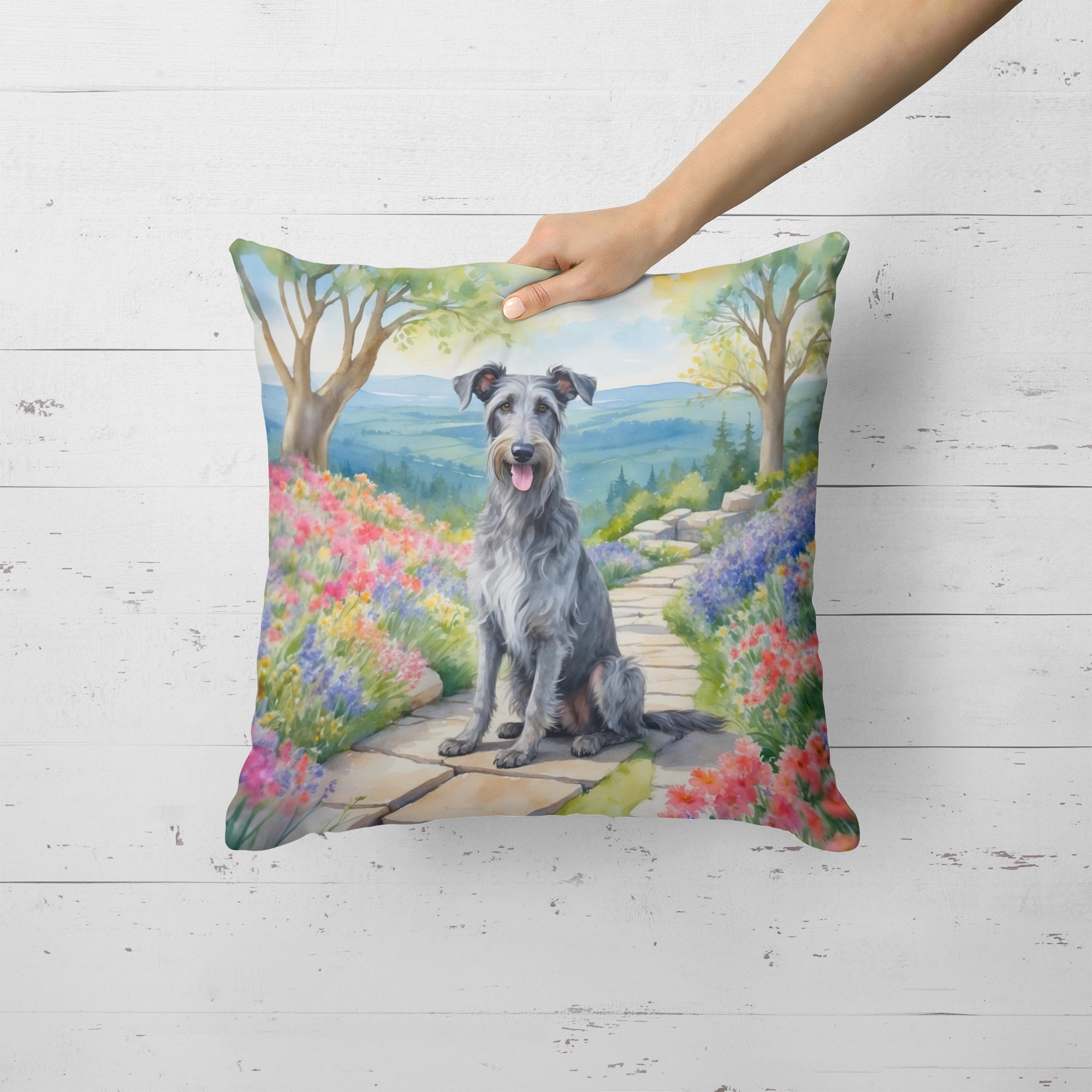 Scottish Deerhound Spring Path Decorative Throw Pillow 18x18 Indoor Outdoor Accent Cushion, Fabric Cover with Insert for Sofa, Bed, Porch & Living Room