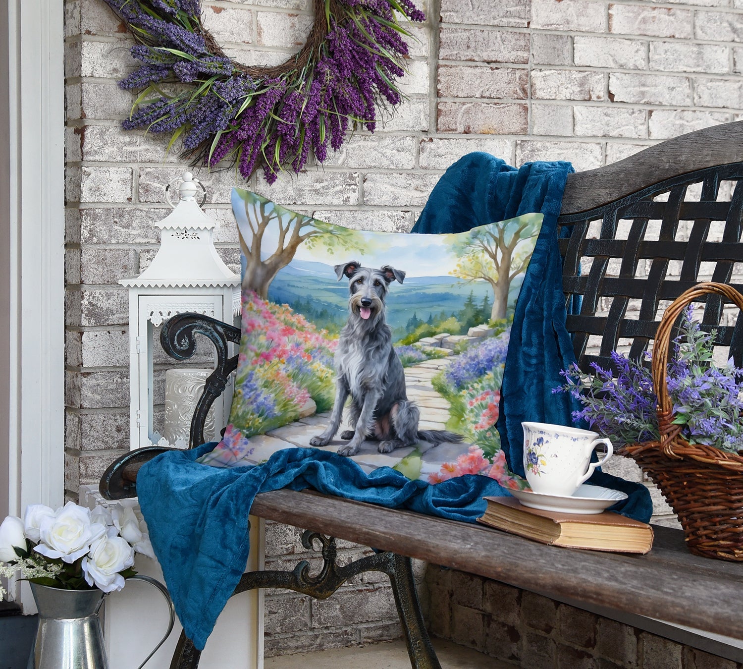 Scottish Deerhound Spring Path Decorative Throw Pillow 18x18 Indoor Outdoor Accent Cushion, Fabric Cover with Insert for Sofa, Bed, Porch & Living Room