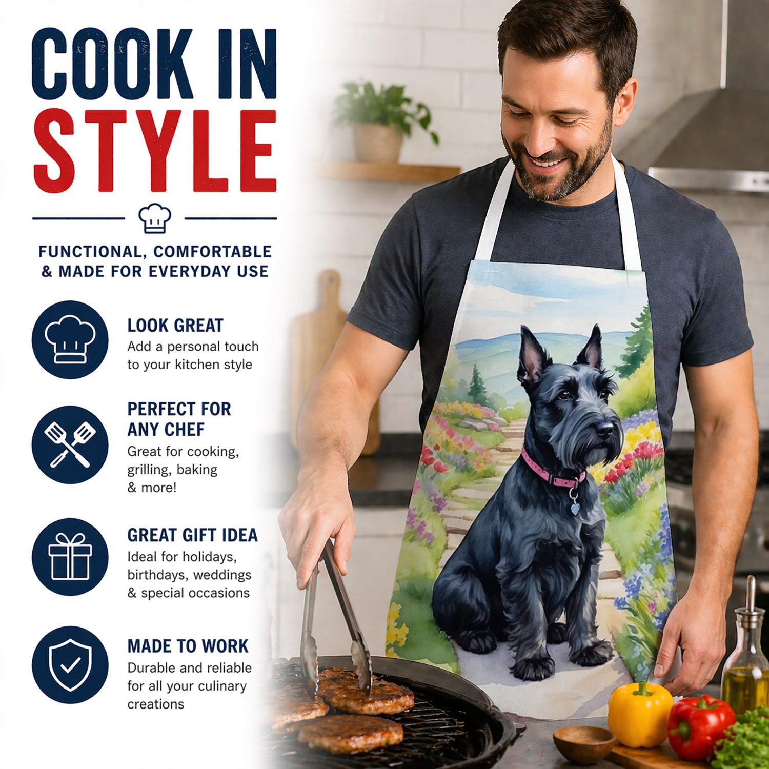 Scottish Terrier Spring Path Apron Cooking Kitchen Server Baking Crafts Gardening for Adult Women Men, Unisex, Large, Multicolor