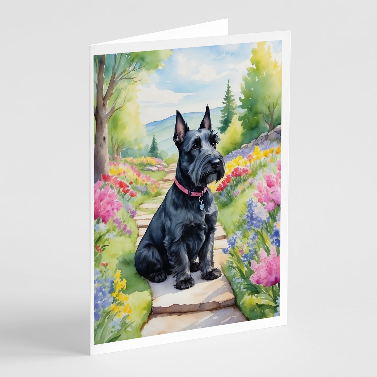 Scottish Terrier Spring Path Greeting Cards Pack of 8 Blank Cards with Envelopes Whimsical A7 Size 5x7