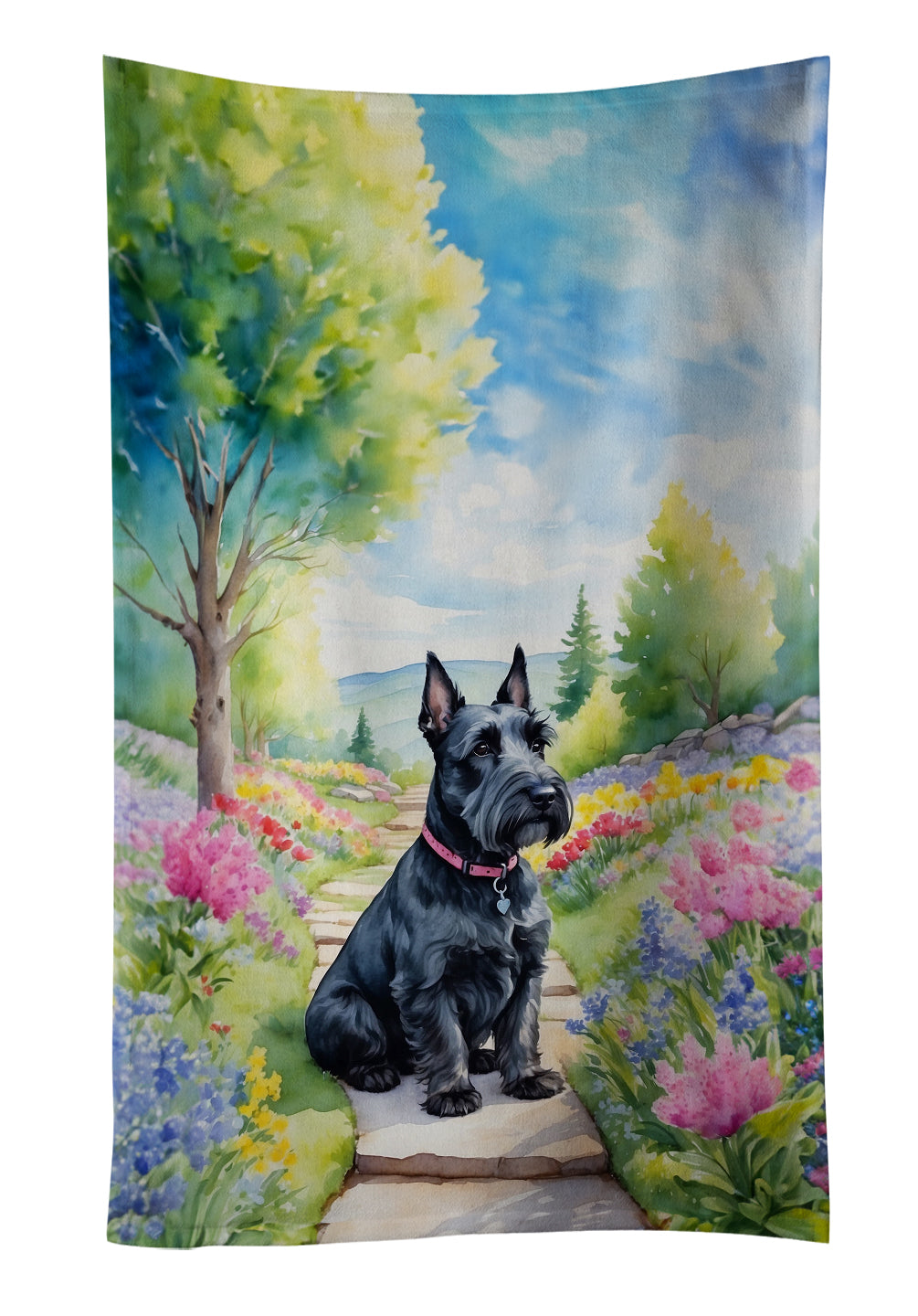Scottish Terrier Spring Path Kitchen Towel Velour Plush Front and Cotton Loop Back Machine Washable