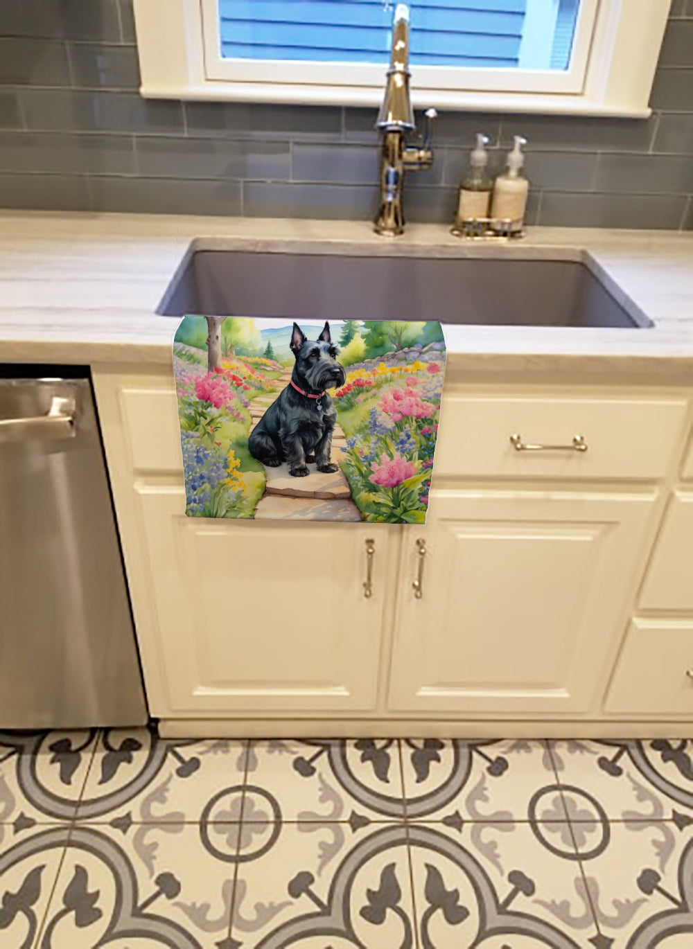 Scottish Terrier Spring Path Kitchen Towel Velour Plush Front and Cotton Loop Back Machine Washable