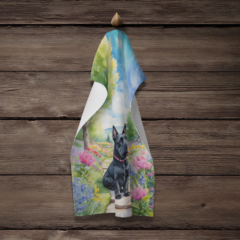 Scottish Terrier Spring Path Kitchen Towel Velour Plush Front and Cotton Loop Back Machine Washable