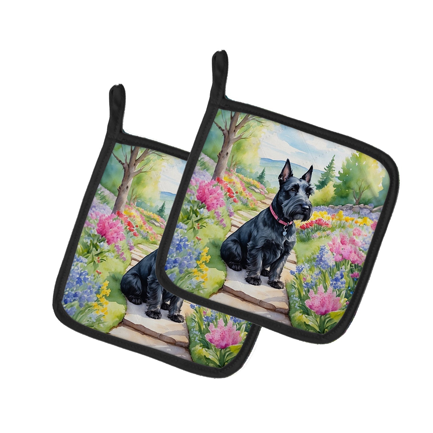 Scottish Terrier Spring Path Pot Holder Set of 2 Heat Resistant Quilted Hot Pads 7.5 x 7.5 Inch, Insulated Kitchen Trivets for Cooking & Baking