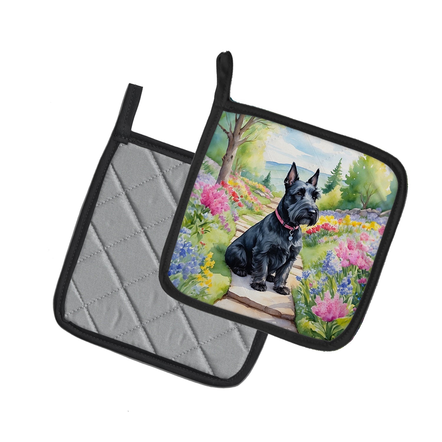Scottish Terrier Spring Path Pot Holder Set of 2 Heat Resistant Quilted Hot Pads 7.5 x 7.5 Inch, Insulated Kitchen Trivets for Cooking & Baking