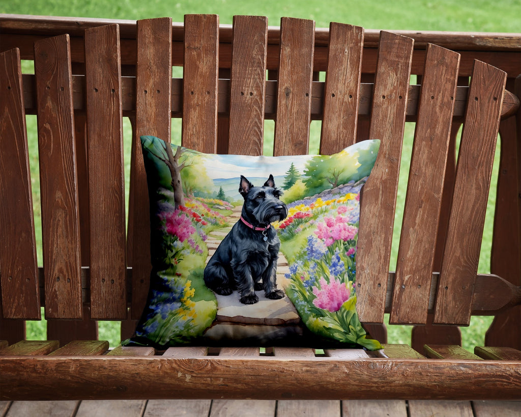 Scottish Terrier Spring Path Decorative Throw Pillow 14x14 Indoor Outdoor Accent Cushion, Fabric Cover with Insert for Sofa, Bed, Porch & Living Room