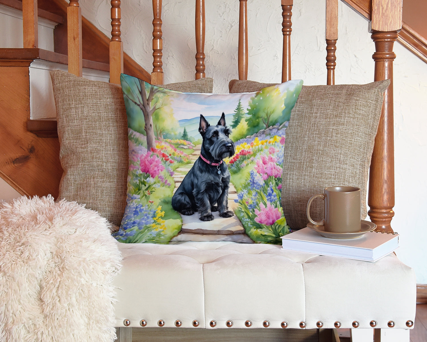 Scottish Terrier Spring Path Decorative Throw Pillow 14x14 Indoor Outdoor Accent Cushion, Fabric Cover with Insert for Sofa, Bed, Porch & Living Room