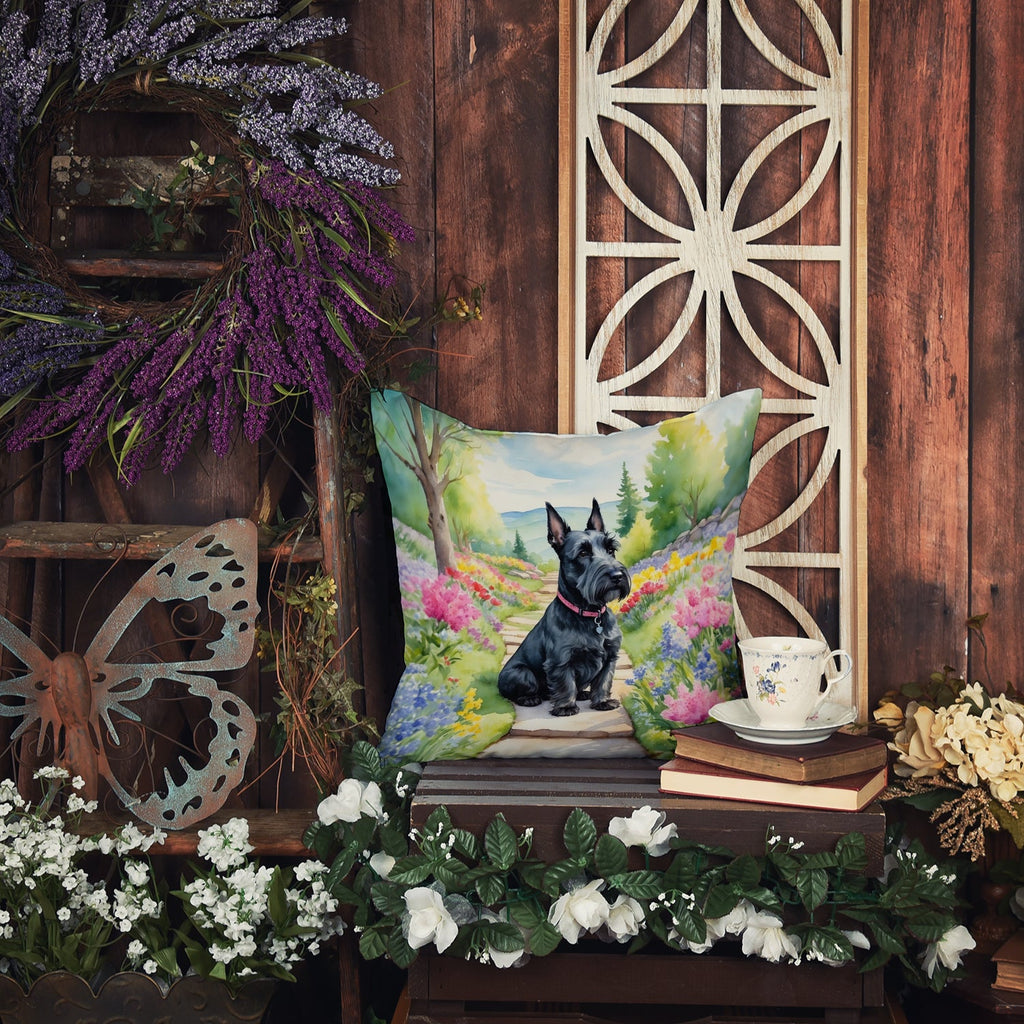 Scottish Terrier Spring Path Decorative Throw Pillow 14x14 Indoor Outdoor Accent Cushion, Fabric Cover with Insert for Sofa, Bed, Porch & Living Room