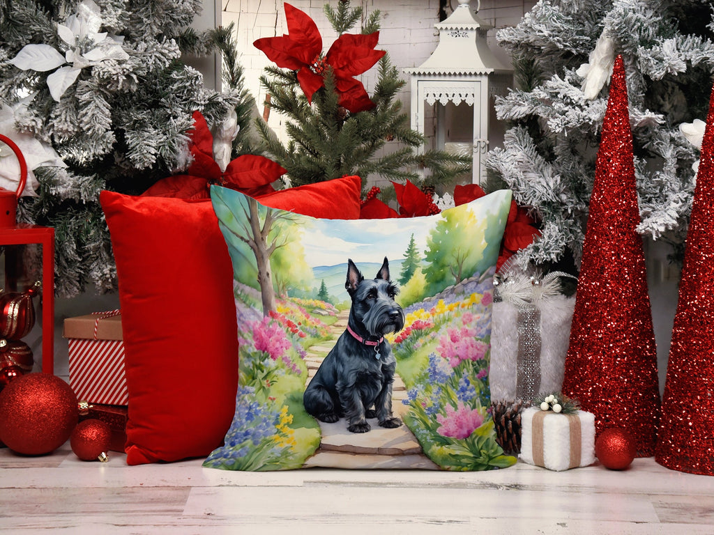 Scottish Terrier Spring Path Decorative Throw Pillow 14x14 Indoor Outdoor Accent Cushion, Fabric Cover with Insert for Sofa, Bed, Porch & Living Room