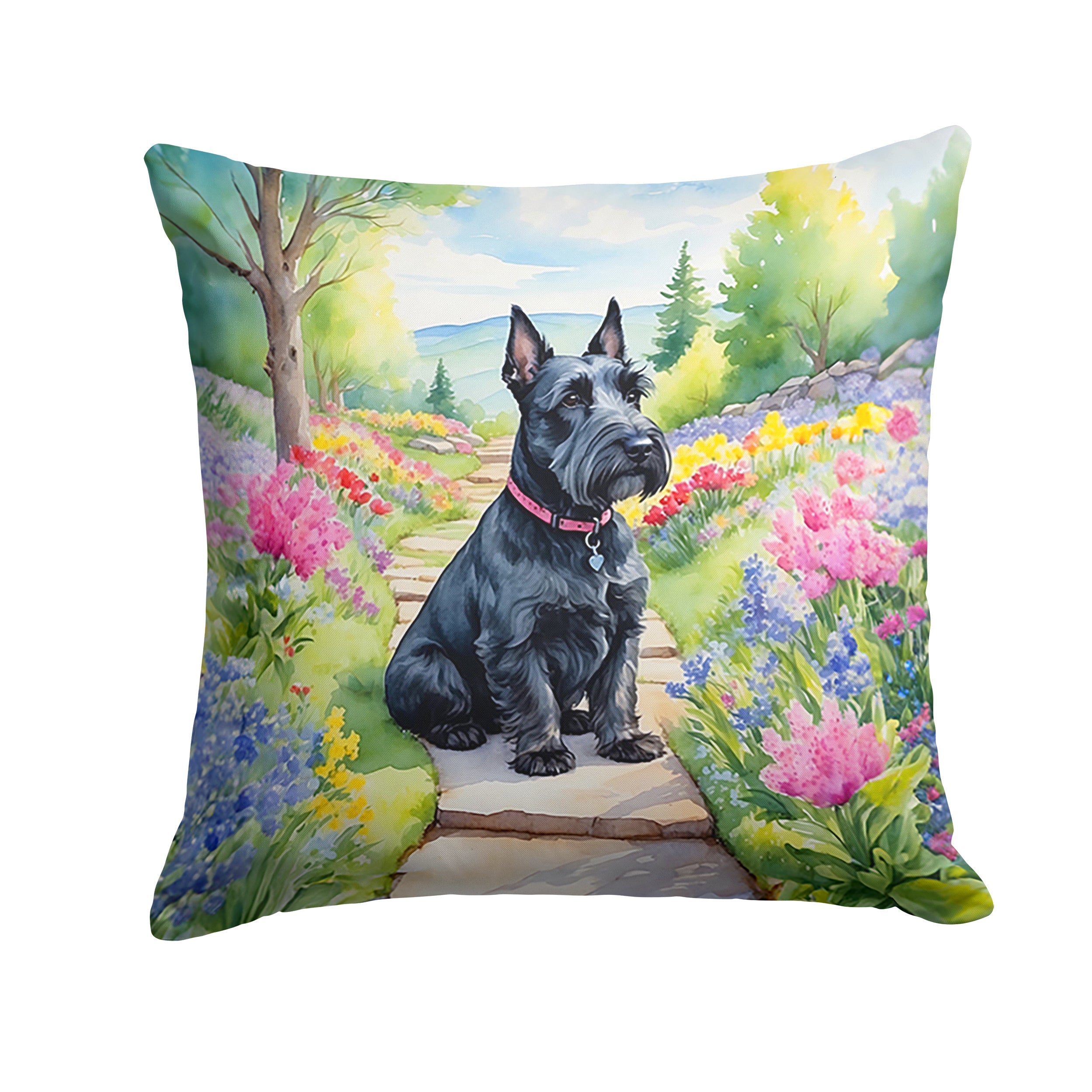 Scottish Terrier Spring Path Decorative Throw Pillow 18x18 Indoor Outdoor Accent Cushion, Fabric Cover with Insert for Sofa, Bed, Porch & Living Room
