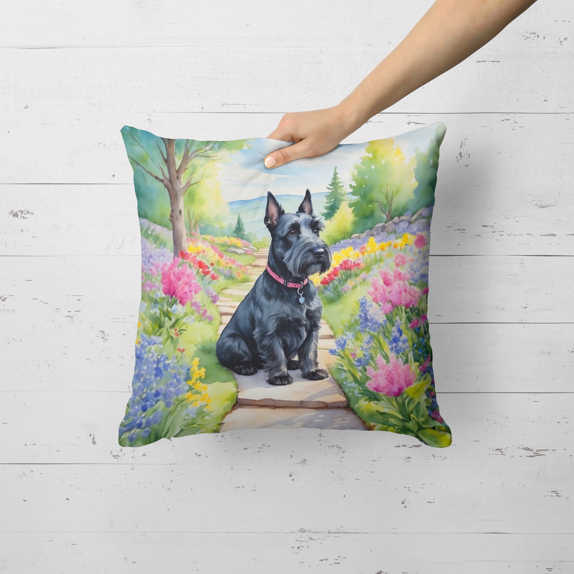 Scottish Terrier Spring Path Decorative Throw Pillow 18x18 Indoor Outdoor Accent Cushion, Fabric Cover with Insert for Sofa, Bed, Porch & Living Room