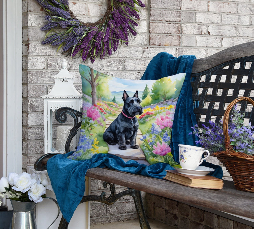 Scottish Terrier Spring Path Decorative Throw Pillow 18x18 Indoor Outdoor Accent Cushion, Fabric Cover with Insert for Sofa, Bed, Porch & Living Room