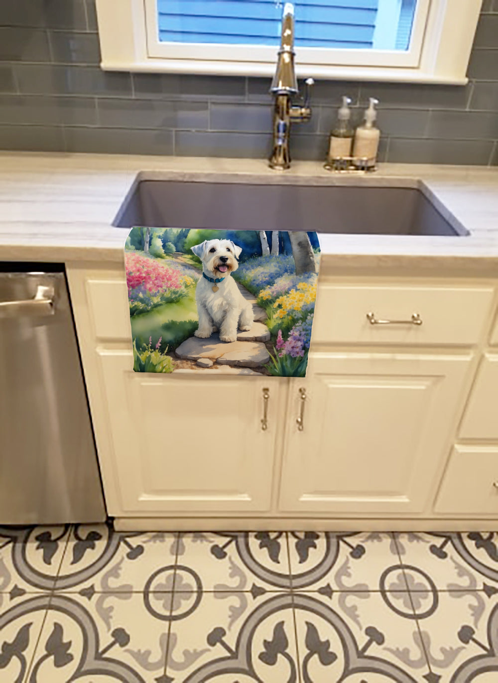 Sealyham Terrier Spring Path Kitchen Towel Velour Plush Front and Cotton Loop Back Machine Washable