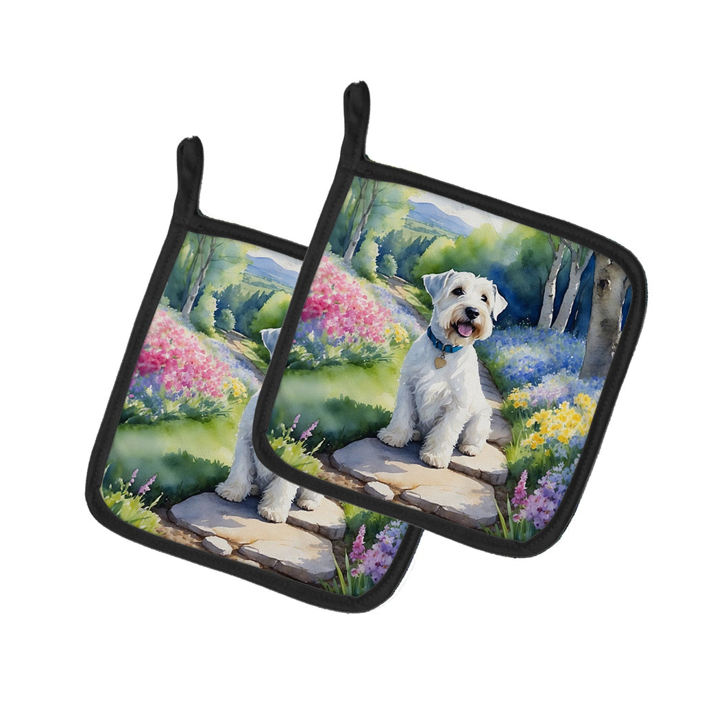 Sealyham Terrier Spring Path Pot Holder Set of 2 Heat Resistant Quilted Hot Pads 7.5 x 7.5 Inch, Insulated Kitchen Trivets for Cooking & Baking