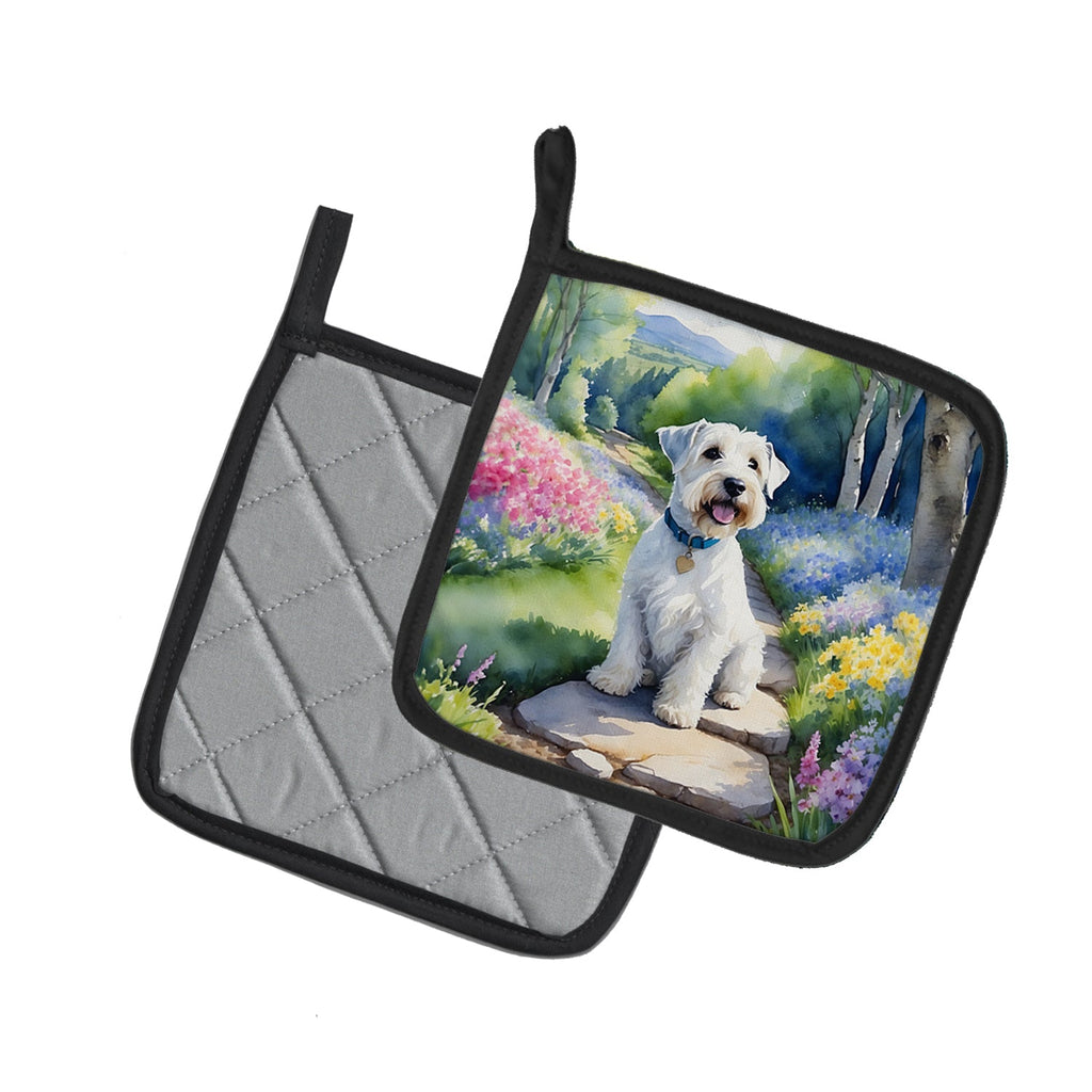 Sealyham Terrier Spring Path Pot Holder Set of 2 Heat Resistant Quilted Hot Pads 7.5 x 7.5 Inch, Insulated Kitchen Trivets for Cooking & Baking