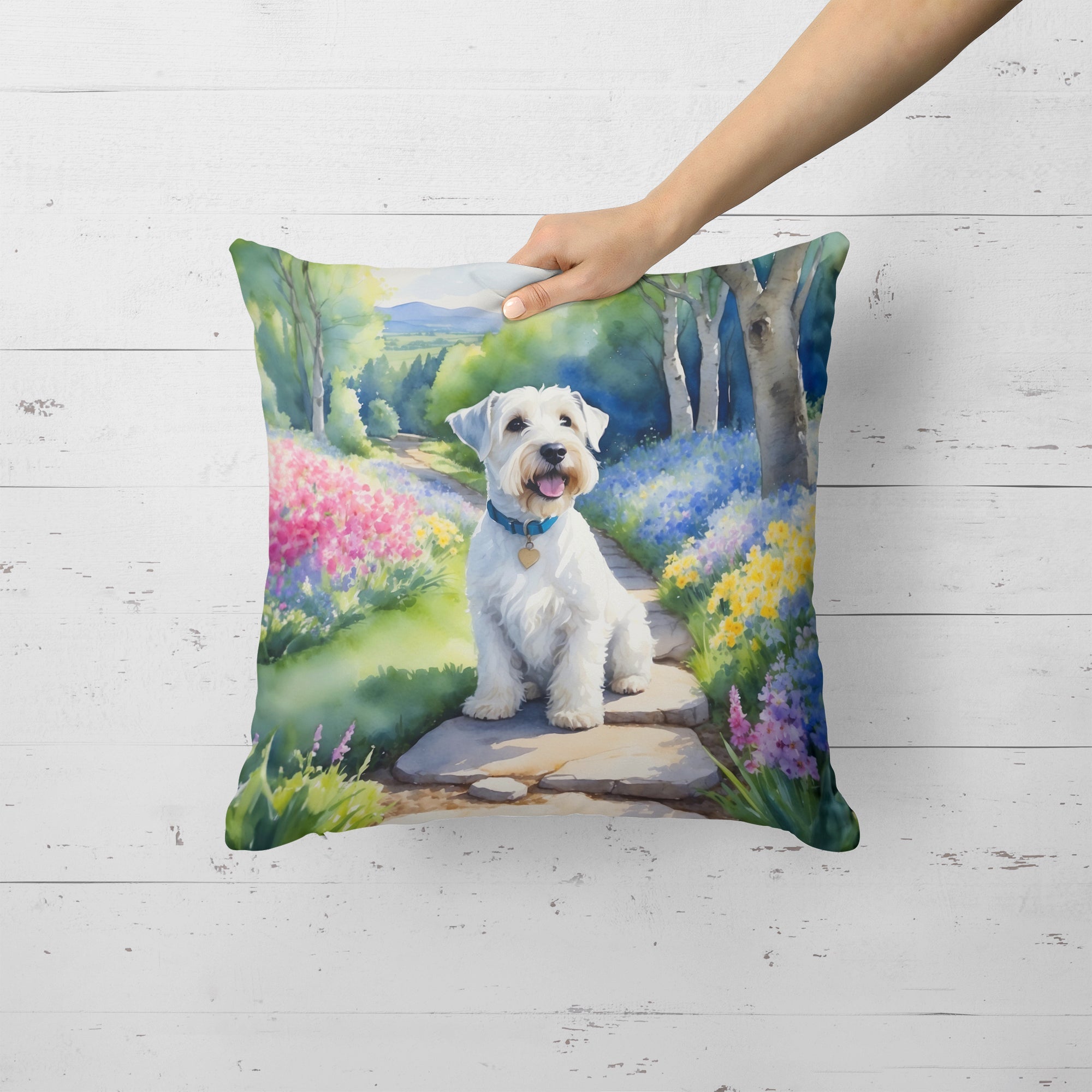 Sealyham Terrier Spring Path Decorative Throw Pillow 18x18 Indoor Outdoor Accent Cushion, Fabric Cover with Insert for Sofa, Bed, Porch & Living Room