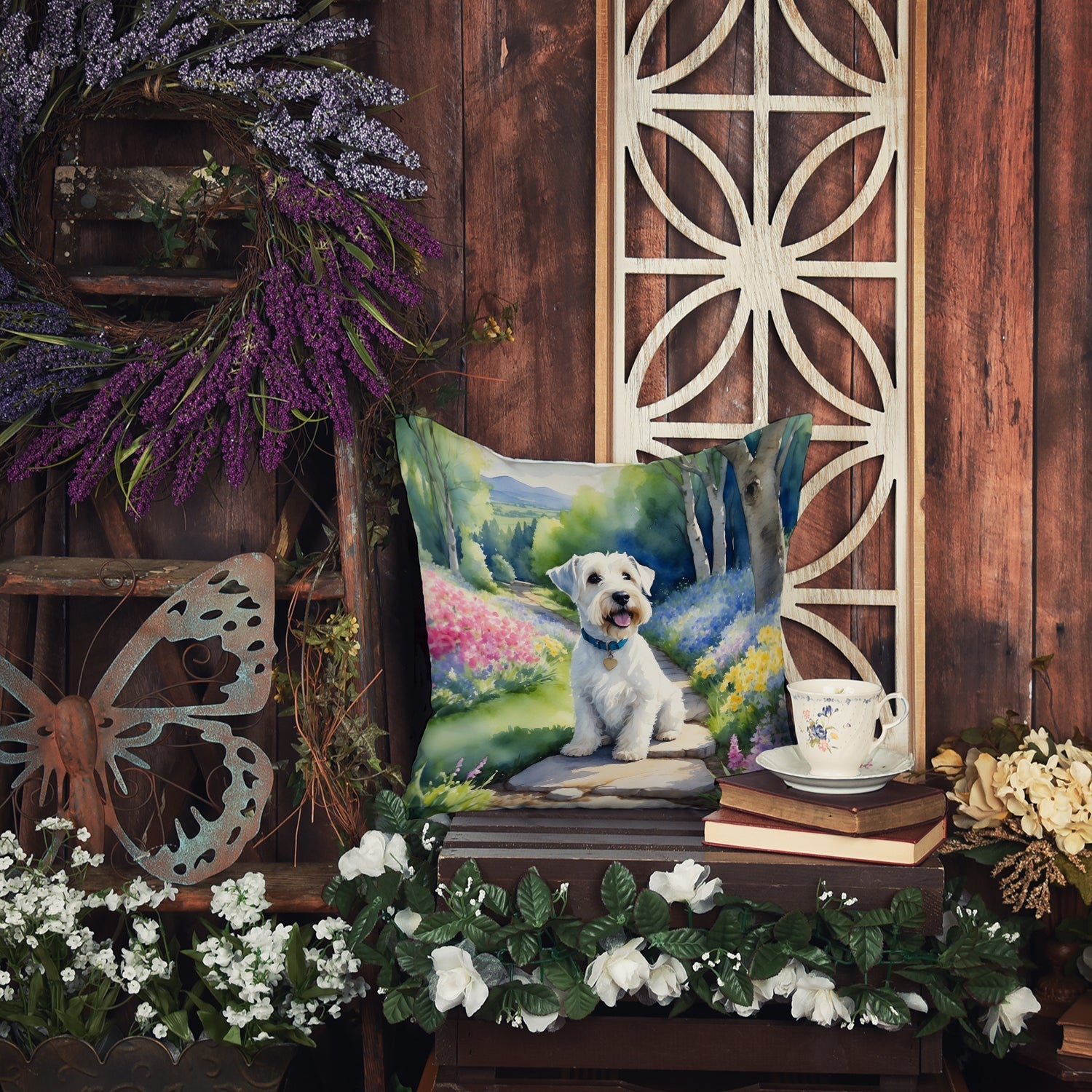 Sealyham Terrier Spring Path Decorative Throw Pillow 18x18 Indoor Outdoor Accent Cushion, Fabric Cover with Insert for Sofa, Bed, Porch & Living Room