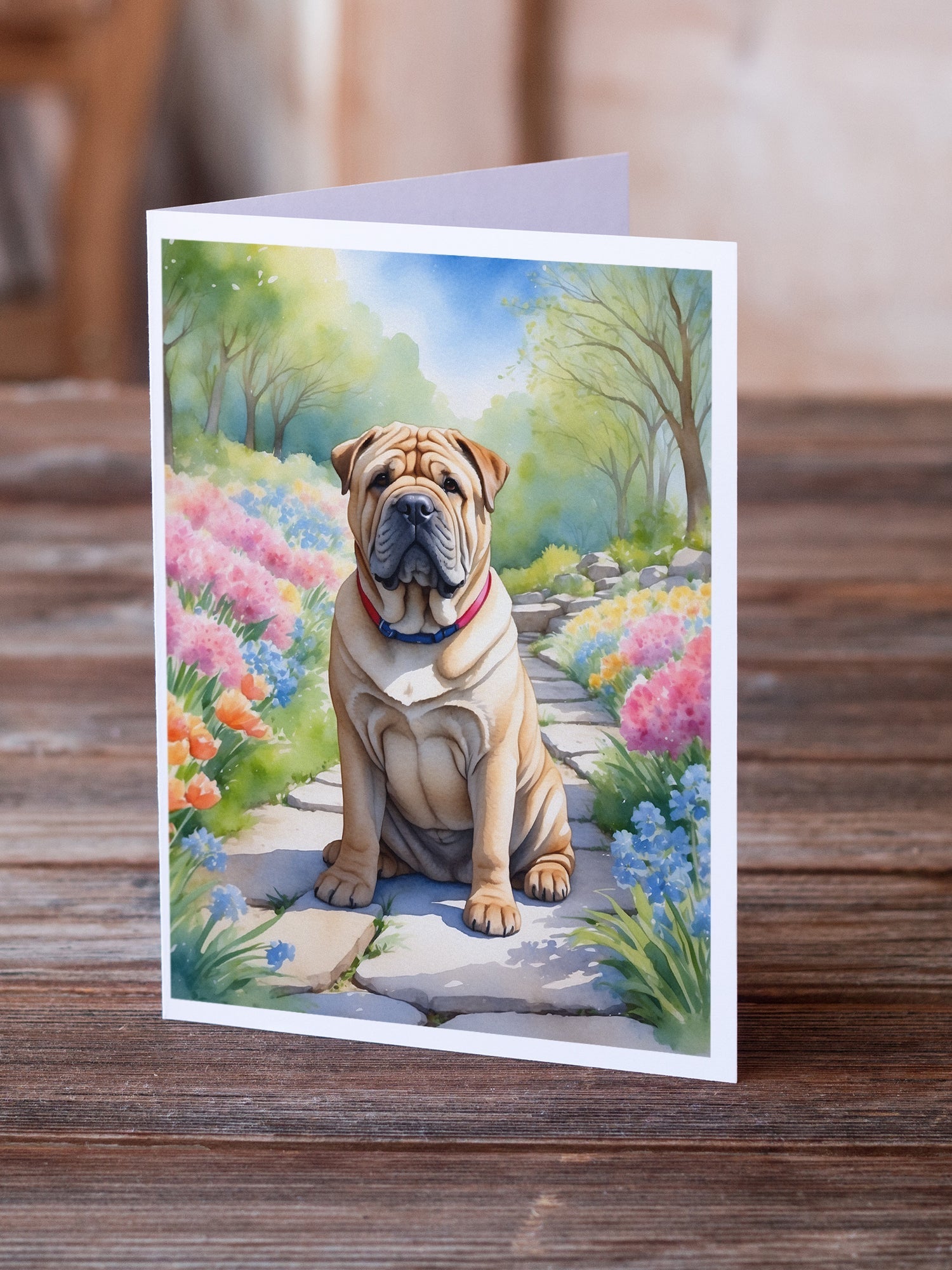 Shar Pei Spring Path Greeting Cards Pack of 8 Blank Cards with Envelopes Whimsical A7 Size 5x7