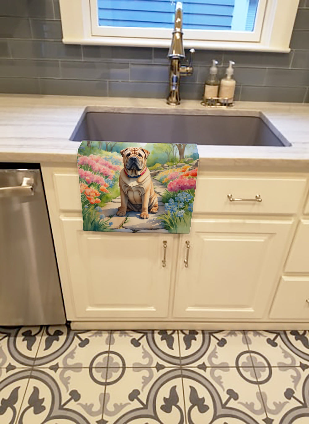 Shar Pei Spring Path Kitchen Towel Velour Plush Front and Cotton Loop Back Machine Washable