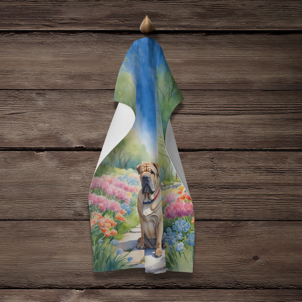Shar Pei Spring Path Kitchen Towel Velour Plush Front and Cotton Loop Back Machine Washable