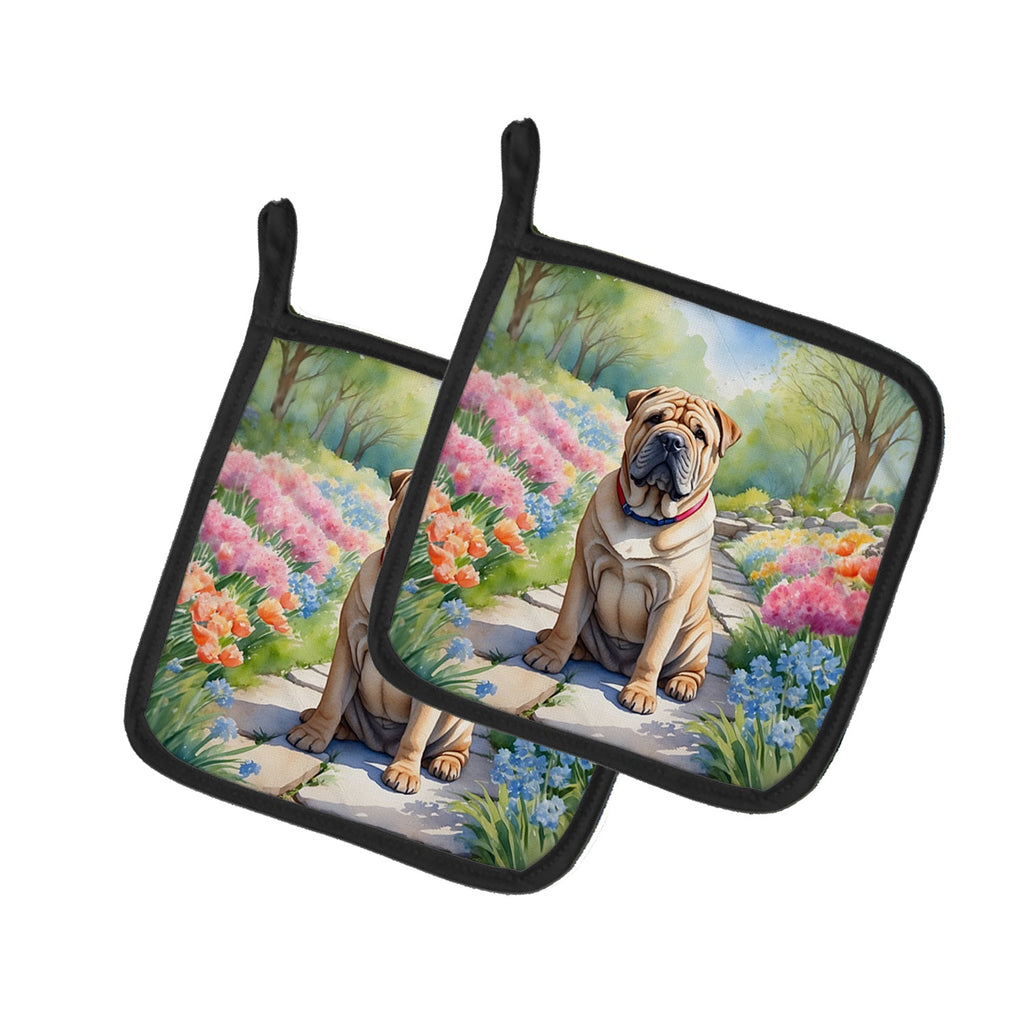 Shar Pei Spring Path Pot Holder Set of 2 Heat Resistant Quilted Hot Pads 7.5 x 7.5 Inch, Insulated Kitchen Trivets for Cooking & Baking