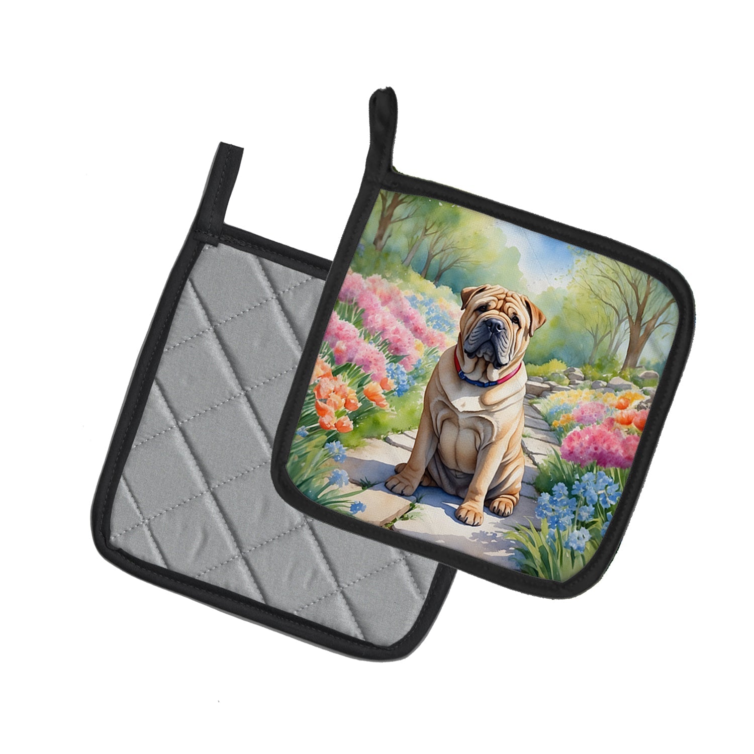 Shar Pei Spring Path Pot Holder Set of 2 Heat Resistant Quilted Hot Pads 7.5 x 7.5 Inch, Insulated Kitchen Trivets for Cooking & Baking