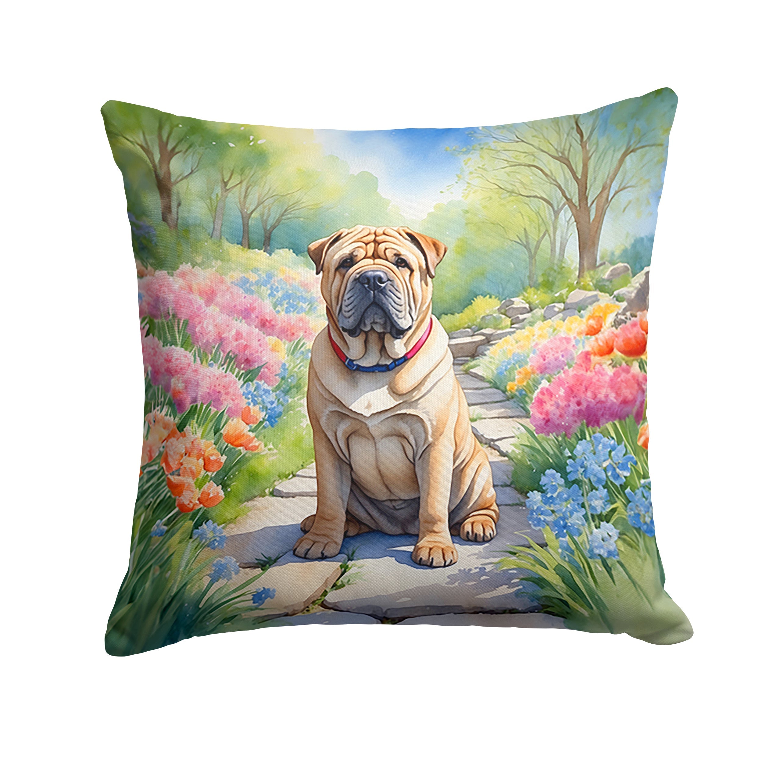 Shar Pei Spring Path Decorative Throw Pillow 18x18 Indoor Outdoor Accent Cushion, Fabric Cover with Insert for Sofa, Bed, Porch & Living Room