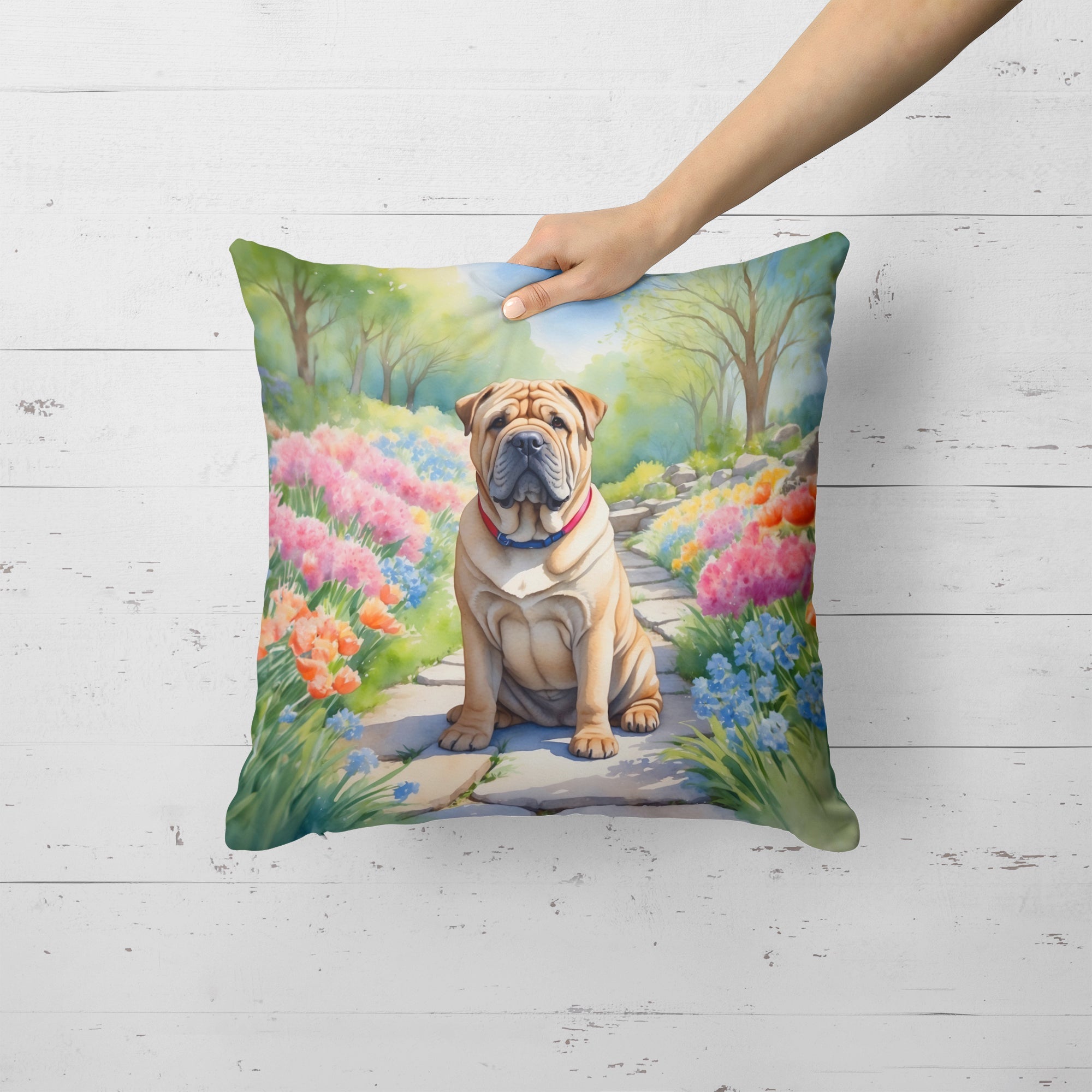 Shar Pei Spring Path Decorative Throw Pillow 18x18 Indoor Outdoor Accent Cushion, Fabric Cover with Insert for Sofa, Bed, Porch & Living Room