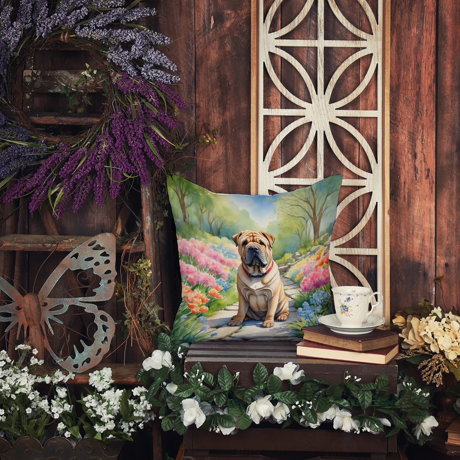 Shar Pei Spring Path Decorative Throw Pillow 18x18 Indoor Outdoor Accent Cushion, Fabric Cover with Insert for Sofa, Bed, Porch & Living Room