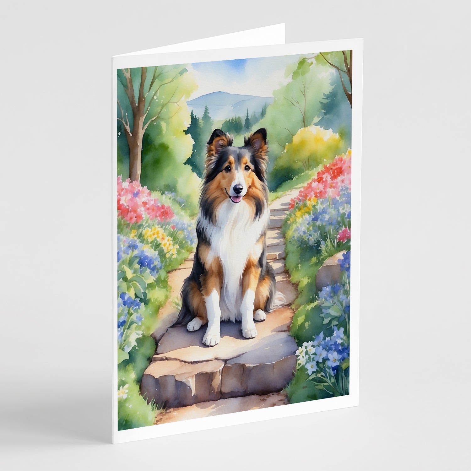 Sheltie Spring Path Greeting Cards Pack of 8 Blank Cards with Envelopes Whimsical A7 Size 5x7
