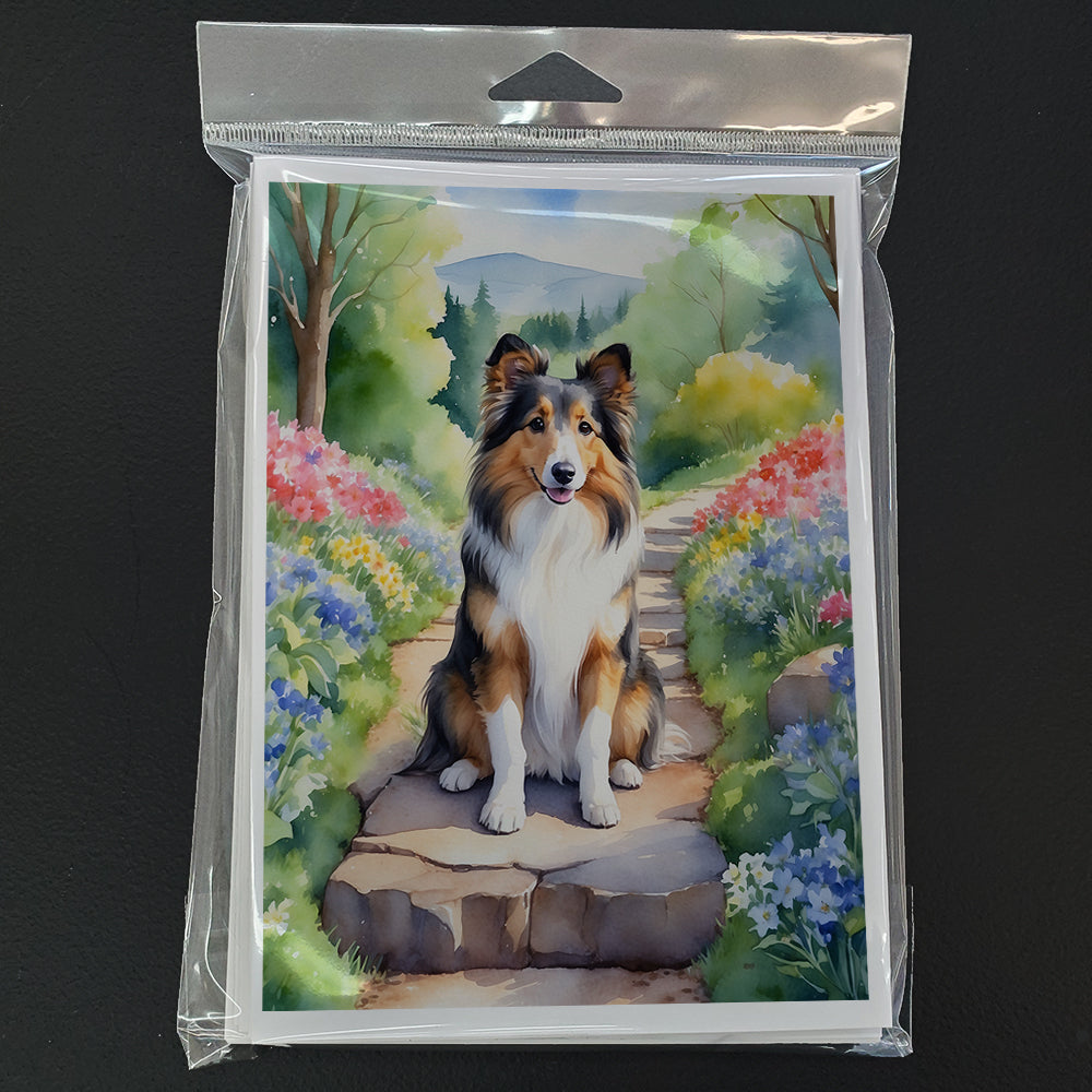 Sheltie Spring Path Greeting Cards Pack of 8 Blank Cards with Envelopes Whimsical A7 Size 5x7