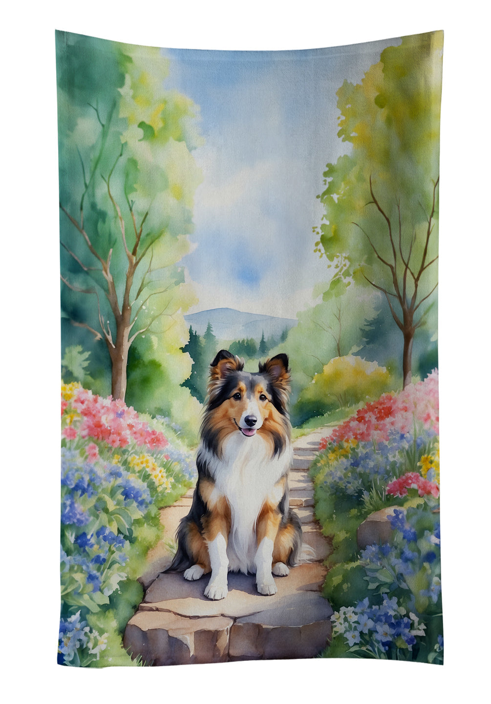 Sheltie Spring Path Kitchen Towel Velour Plush Front and Cotton Loop Back Machine Washable