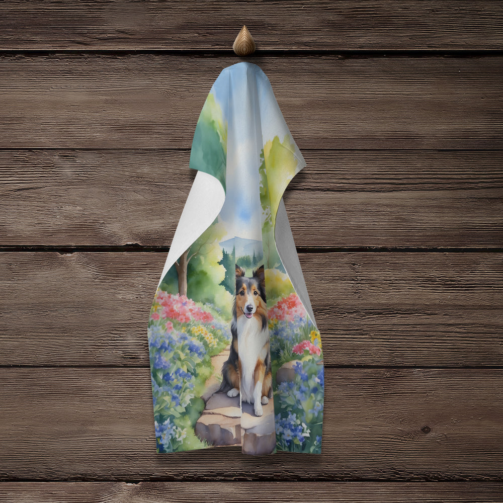 Sheltie Spring Path Kitchen Towel Velour Plush Front and Cotton Loop Back Machine Washable