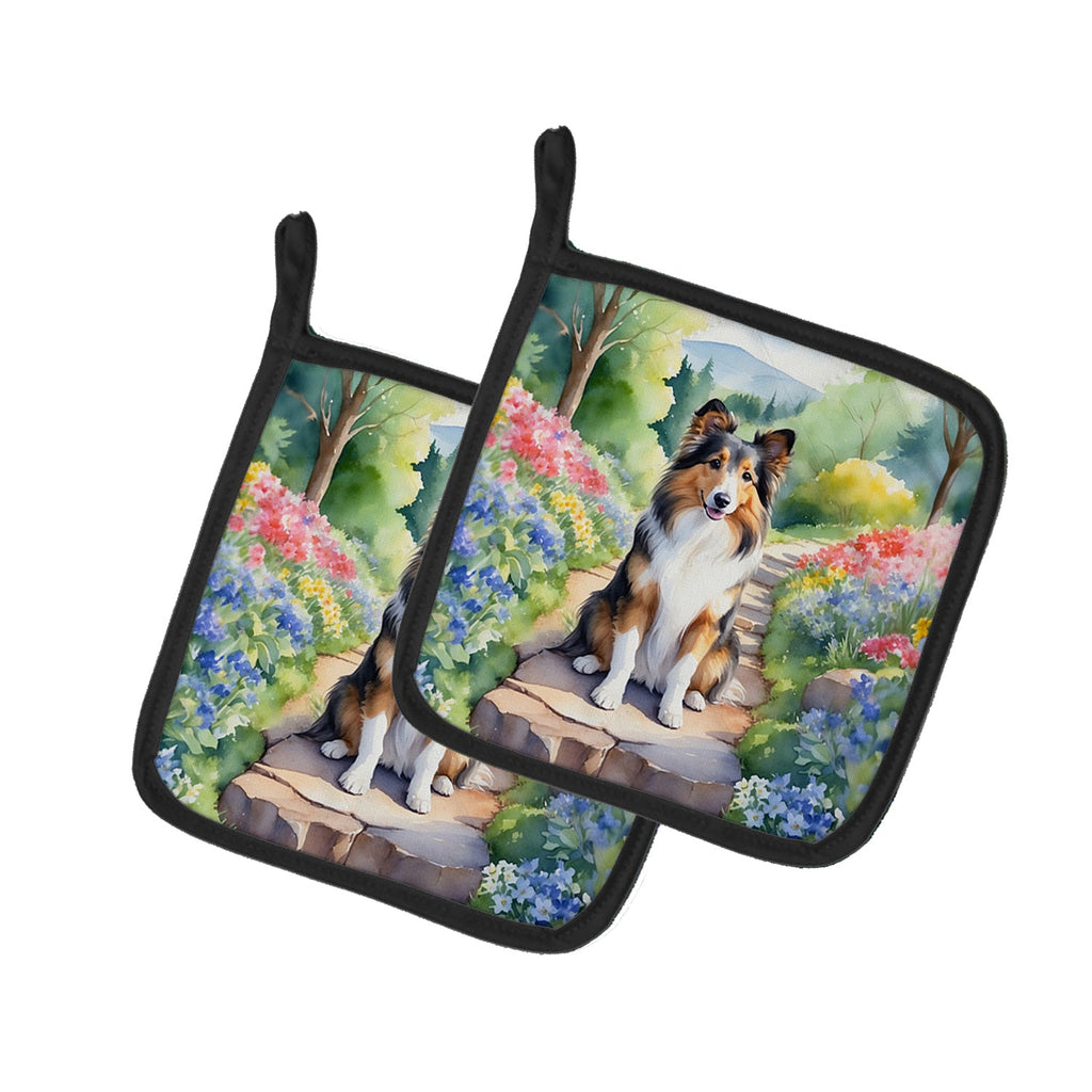 Sheltie Spring Path Pot Holder Set of 2 Heat Resistant Quilted Hot Pads 7.5 x 7.5 Inch, Insulated Kitchen Trivets for Cooking & Baking