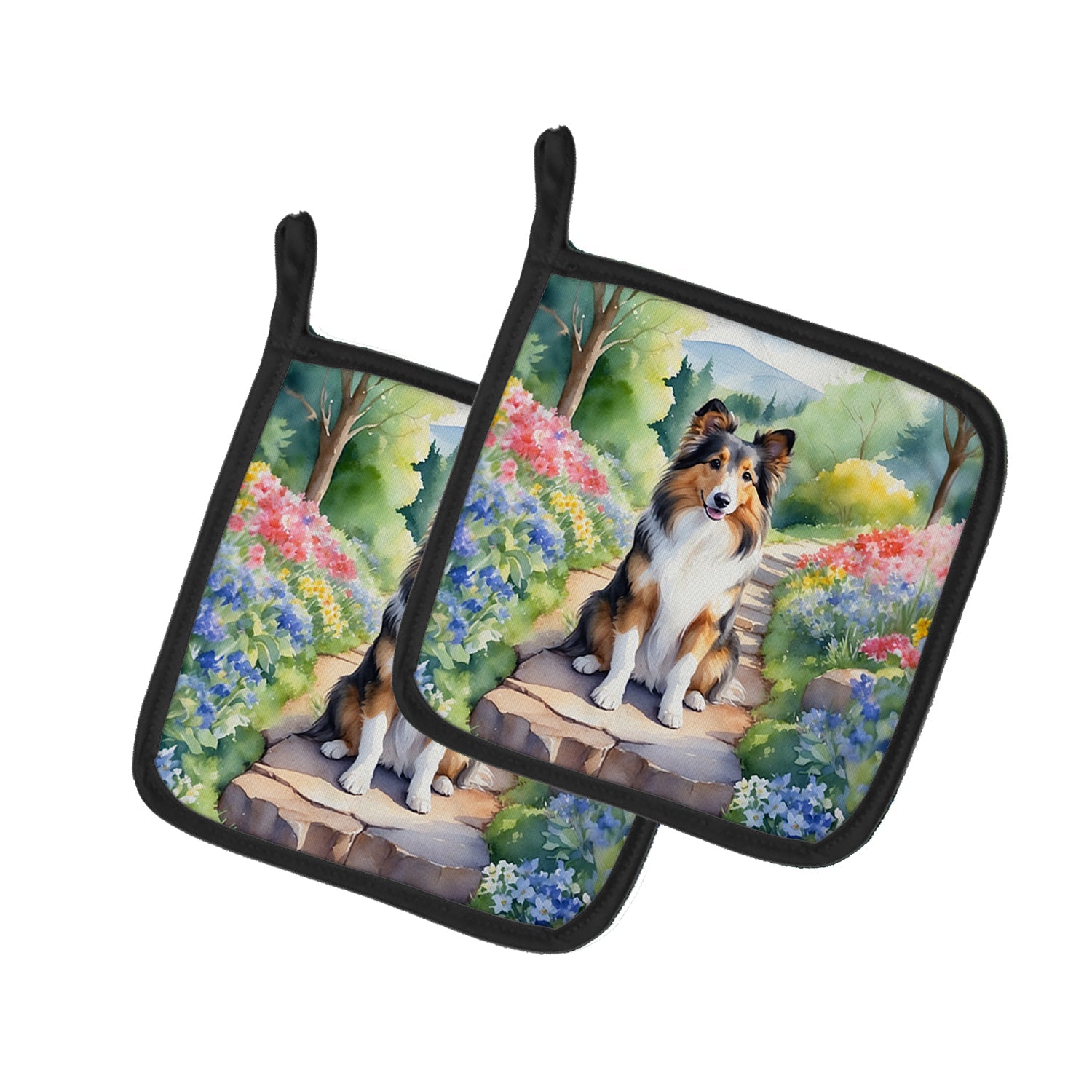Sheltie Spring Path Pot Holder Set of 2 Heat Resistant Quilted Hot Pads 7.5 x 7.5 Inch, Insulated Kitchen Trivets for Cooking & Baking