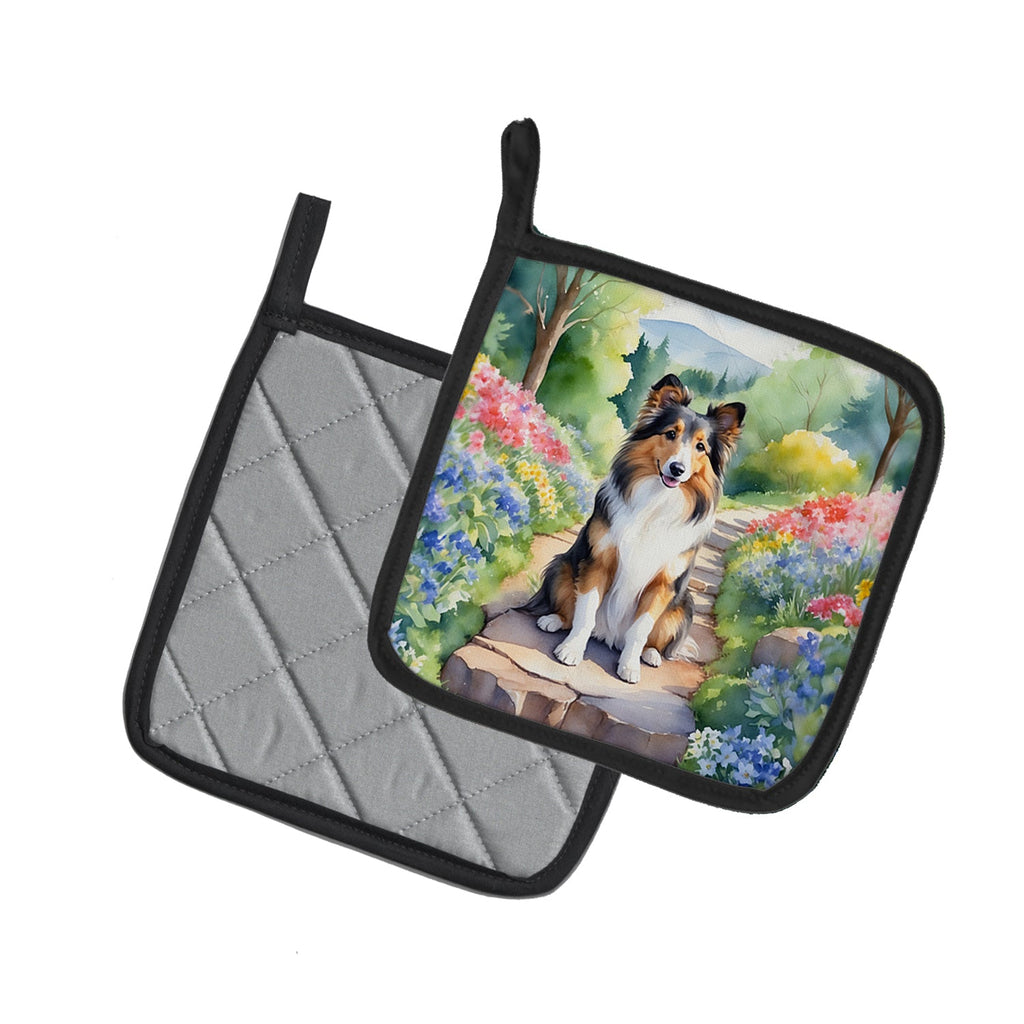 Sheltie Spring Path Pot Holder Set of 2 Heat Resistant Quilted Hot Pads 7.5 x 7.5 Inch, Insulated Kitchen Trivets for Cooking & Baking