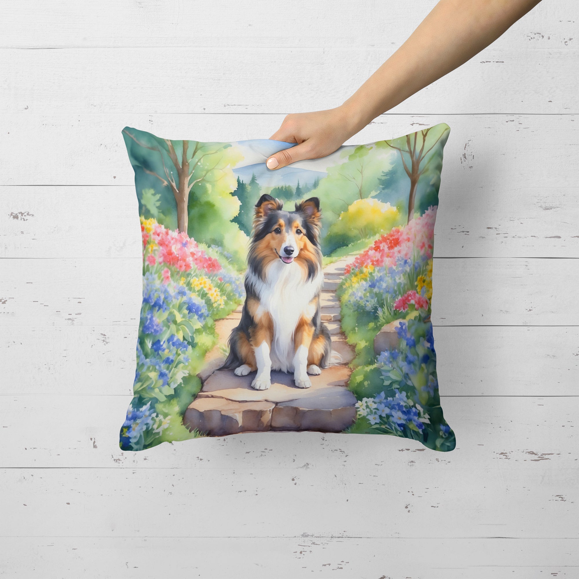 Sheltie Spring Path Decorative Throw Pillow 18x18 Indoor Outdoor Accent Cushion, Fabric Cover with Insert for Sofa, Bed, Porch & Living Room